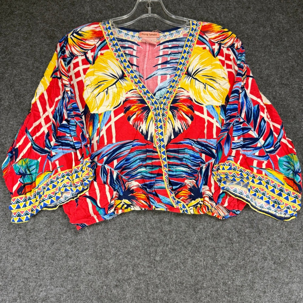 Flying Tomato Tropical Floral Print Blouse Top, V Neck Vibrant, Colorful - Small